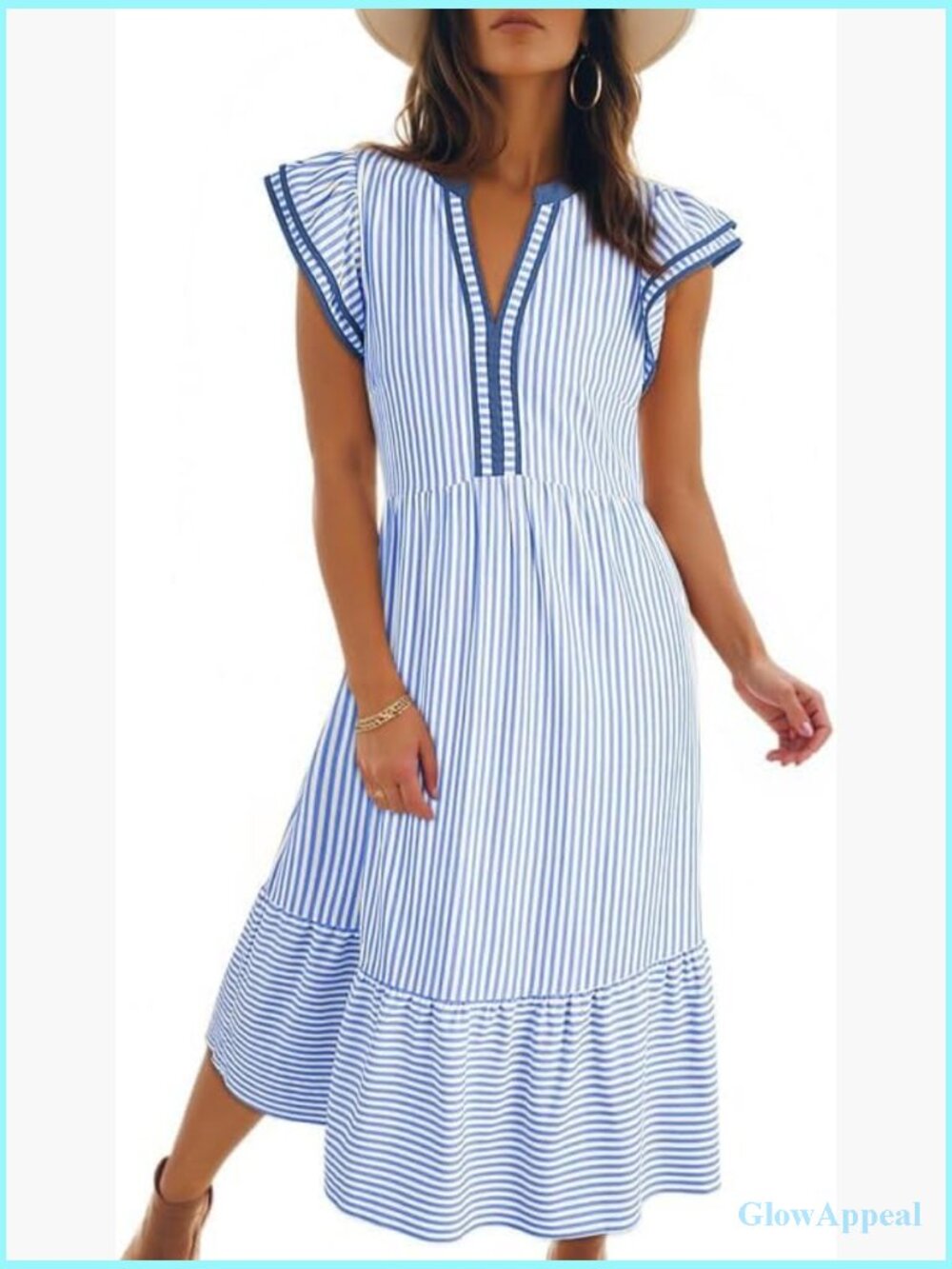 V-Neck Ruffle Cap Sleeve Empire Waist Flowy Striped Midi Maxi Dress with Pockets